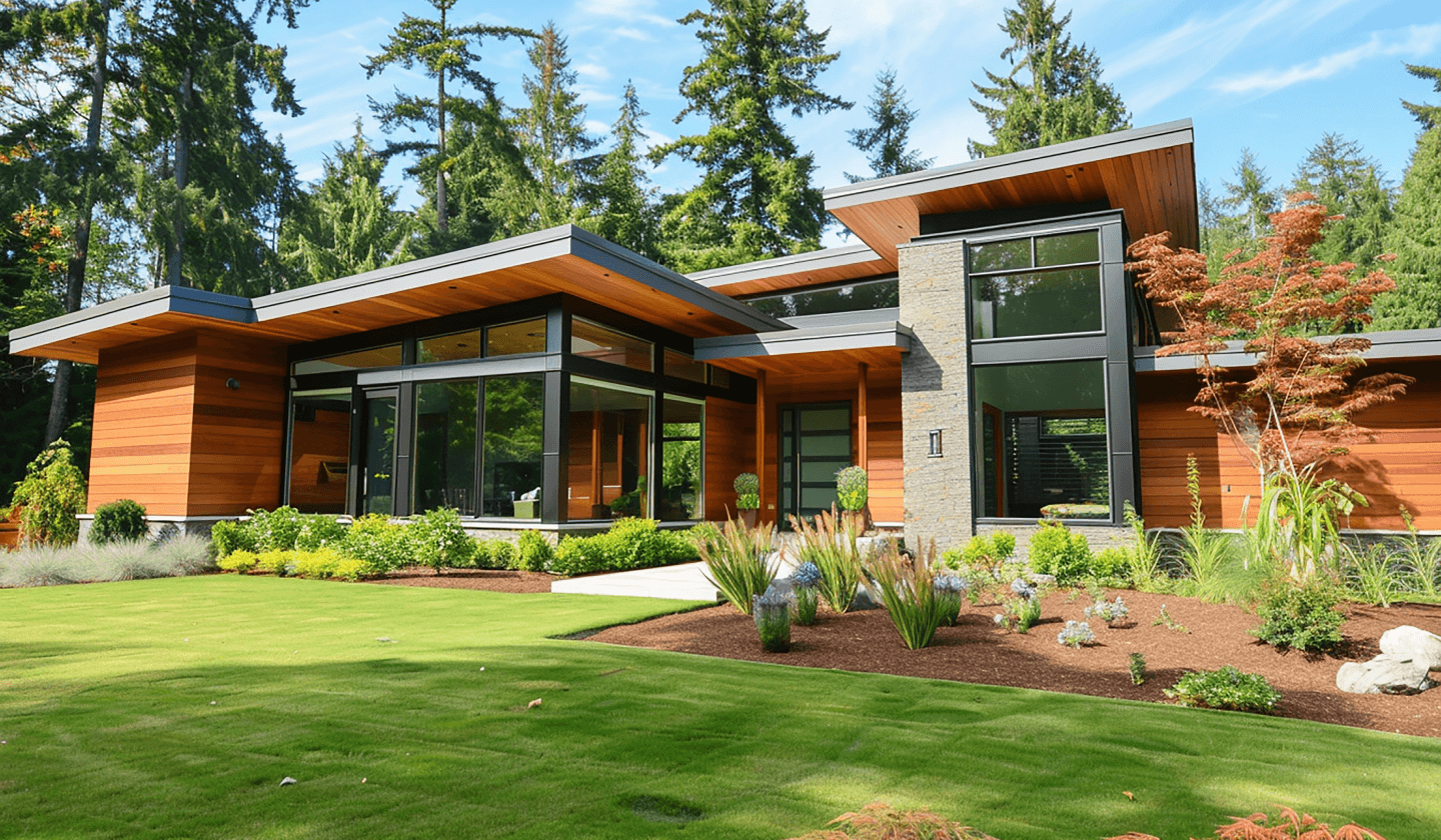 Modern house with large windows surrounded by lush greenery and trees